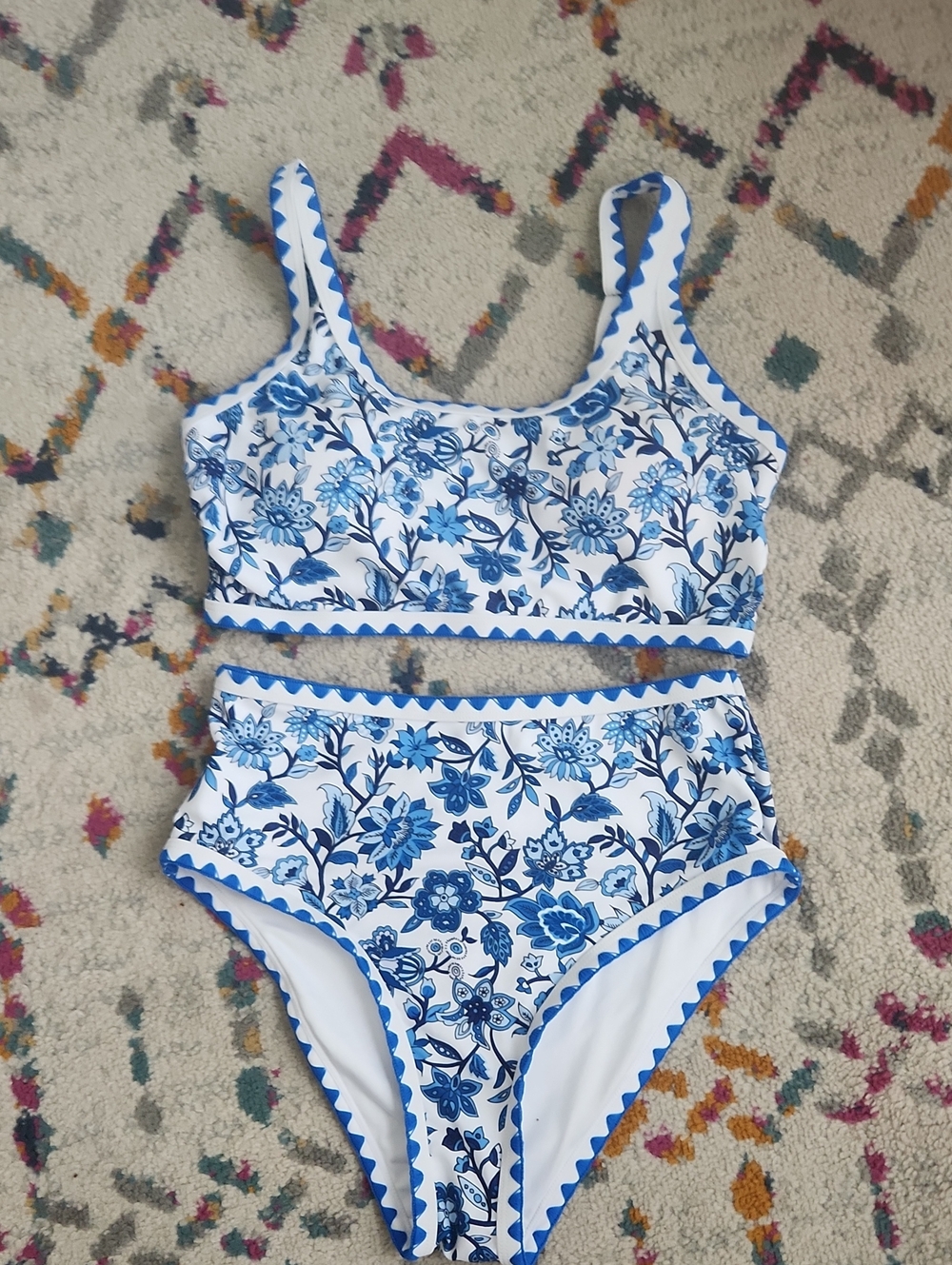 Blue Floral High-Waist 3 Piece Bikini Set NWOT